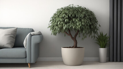 Green decorative tree in the interior of the living room.