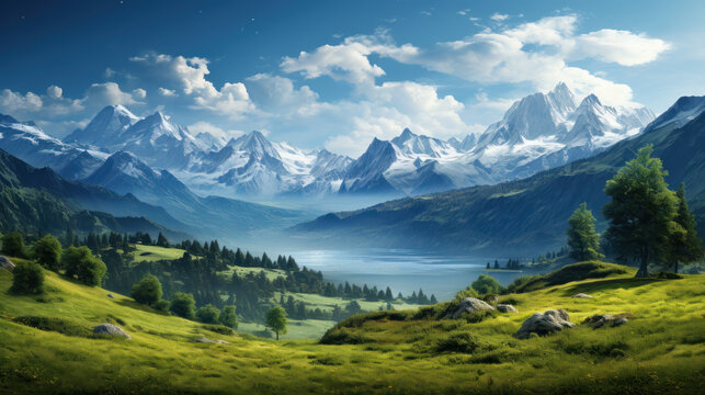 A panoramic vista of an expansive mountain range, speckled with crystal-clear lakes and lush forests.