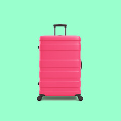 Pink travel suitcase travel concept minimal style front view 3d rendering on green