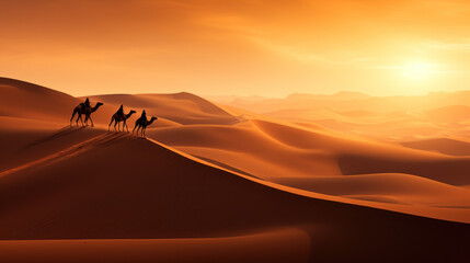 Fototapeta na wymiar Camel Shadows Stretching Across the Golden Dunes of a Vast Desert.