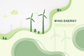 Wind Turbine, Wind Energy. Sustainable renewable green energy development, Environmental and Ecology concept, Vector illustration.