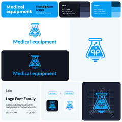Medical equipment line business logo with brand name. Lab flask and lightbulb icon. Creative design element and visual identity. Template with lato font. Suitable for medical, laboratory, healthcare. © bsd studio