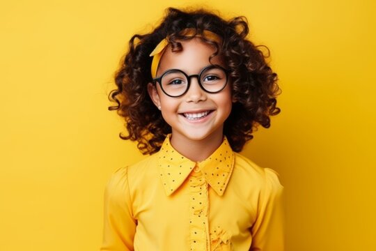 Portrait of a cute african american little girl in glasses over yellow background