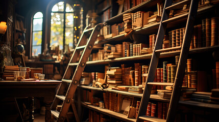 Close up of an interior of a vintage bookstore with wooden shelves.