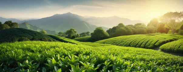 Foto op Plexiglas Green field of tea at sunny day, © Michal