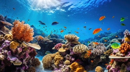 Fototapeta na wymiar Colorful coral reef with schools of tropical fish swimming around.
