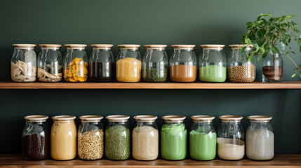 A kitchen shelf stocked with glass jars filled with bulk grains, reusable cloth bags, and bamboo cutlery, emphasizing zero-waste living.