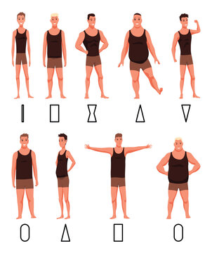 Male figures types icon set. Various body front view. Human anatomy, man standing shapes. Vector illustration in cartoon style