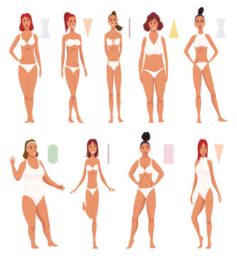 Female figures types set. Women in lingerie showing different body shapes. Diverse women in underwear. Main woman figure shape. Flat vector illustrations isolated on white background