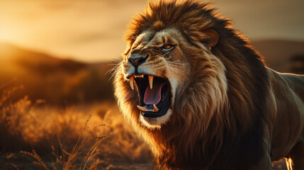 A lion in mid-roar with mane flowing