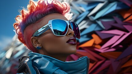 crazy woman with mohawk hairstyle and cool sunglasses