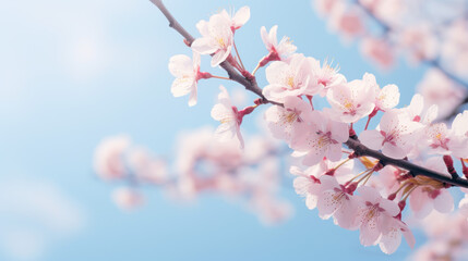 A serene morning scene capturing delicate cherry blossoms covered in dew.