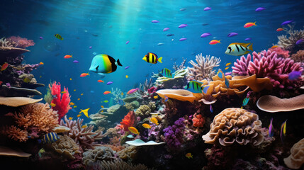 Fototapeta na wymiar A vibrant coral reef teeming with colorful fish, anemones, and a gliding manta ray captured underwater.