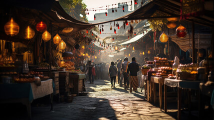 Naklejka premium Street Market with Colorful Stalls and Shadowed Alleyways.