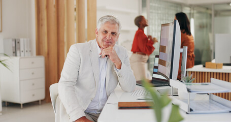 Portrait, business and senior man with a career, office and computer with leader, professional and formal. Mature person, old guy or manager with employees, pc and corporate with internet or website