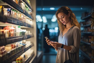 A beautiful young woman buys groceries in a supermarket and uses her smartphone to make healthy choices. - Powered by Adobe