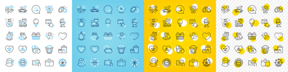 Vector icons set of Ice cream, Grill and Puzzle line icons pack for web with Wedding rings, Be true, Event click outline icon. Honeymoon travel, Delivery, Shopping pictogram. Vector