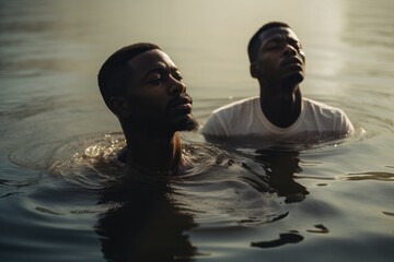 Baptism. Two men in the water at sunrise. 