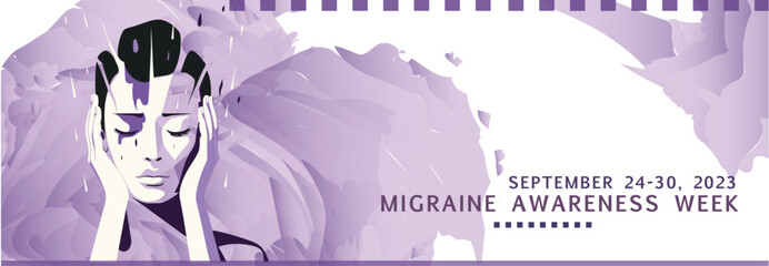 Migraine awareness week in September 2023 banner with purple colors and woman with headache. Vector concept design for disease support and healthcare