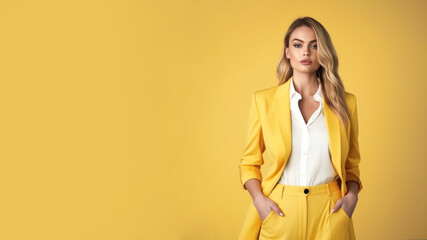 A young blond woman in yellow clothing stands against a solid yellow background. Studio. Isolated yellow background.