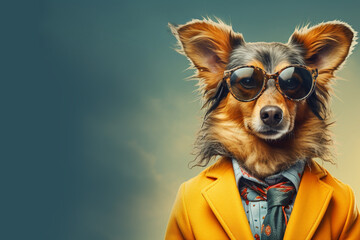 Funny dog wearing glasses with funky suite, jacket and tie  copy space for text, Banner concept for animal and funny memes  - obrazy, fototapety, plakaty