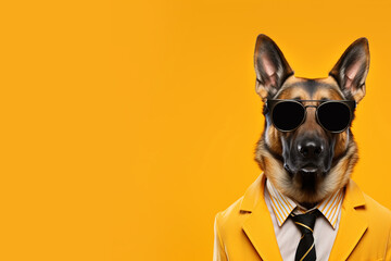 Funny dog wearing glasses with funky suite, jacket and tie  copy space for text, Banner concept for animal and funny memes 