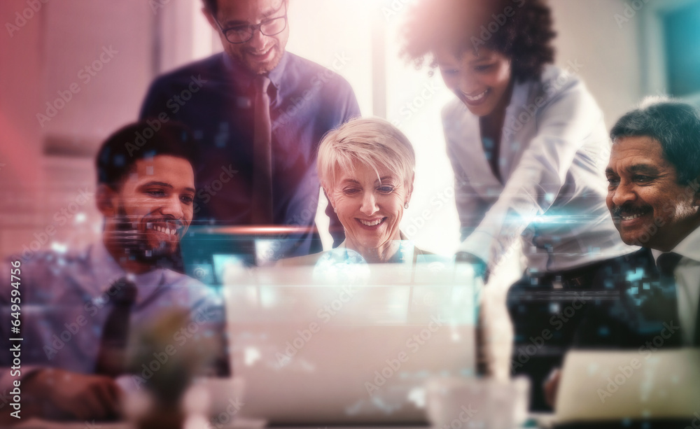 Aufkleber hologram, computer and team of business people with futuristic networking for company global growth 