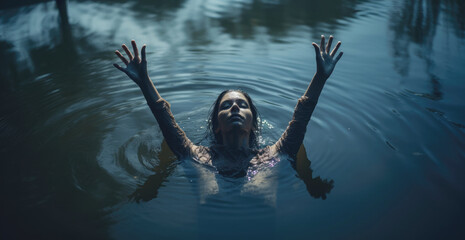 Baptism. Beautiful girl in the water of the river in worship - obrazy, fototapety, plakaty