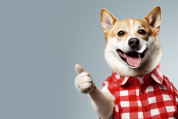 Funny dog with t-shirt and tie thumbs up rating the product with copy spacing. Memes and animal advertisement banner concept - obrazy, fototapety, plakaty
