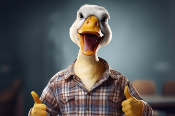 Funny duck with t-shirt and tie thumbs up rating the product with copy spacing. Memes and animal advertisement banner concept