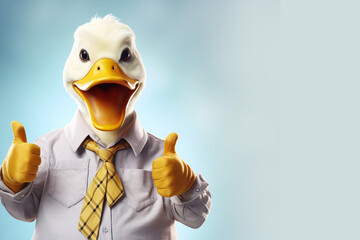 Funny duck with t-shirt and tie thumbs up rating the product with copy spacing. Memes and animal advertisement banner concept