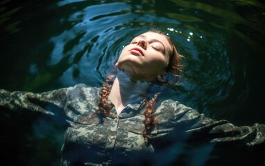 Baptism. Beautiful young woman with closed eyes in water in the sunlight
