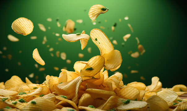 potato chips falling out of a green cup, in the style of photorealistic pastiche