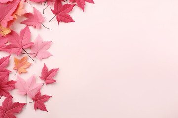 Thanksgiving  with maple leaves  autumn theme banner with pink background text spacing on right. 