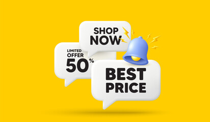 Best Price tag. 3d offer chat speech bubbles. Special offer Sale sign. Advertising Discounts symbol. Best price speech bubble 3d message. Talk box banner with bell. Vector