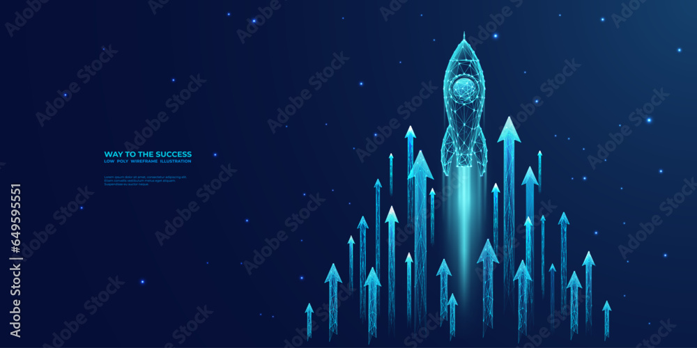 Poster digital growth arrows up and abstract rocket launch on dark blue technology background. glowing conn