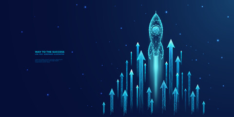 Digital growth arrows up and abstract rocket launch on dark blue technology background. Glowing connected dots and lines. Boosting and Rapid growth concepts. Low poly wireframe vector illustration. - obrazy, fototapety, plakaty