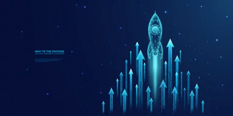Foto op Canvas Digital growth arrows up and abstract rocket launch on dark blue technology background. Glowing connected dots and lines. Boosting and Rapid growth concepts. Low poly wireframe vector illustration. © AntonKhrupinArt