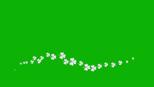 Animated silver symbol of leaf of clover. Icon of Іrish plant fly from left to right. A wave of clover. Concept of Patrick's Day. Looped video. Flat vector illustration isolated on green background.
