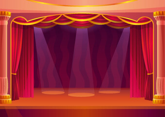 Theater stage with red curtains and spotlights. Theatre interior with empty wooden scene and luxury drapes decoration with bushes. Vector cartoon illustration