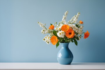 Orange Glass and White Ceramic Vase with Field Flower Bouquet Against Blue Wall