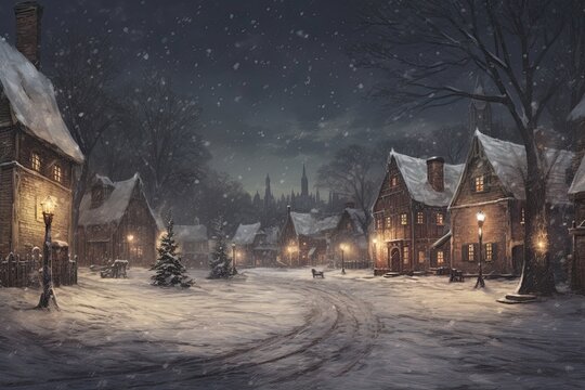 Illuminated village at Christmas. Generative AI