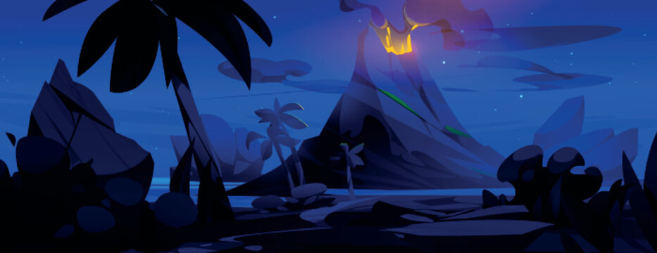 Volcano eruption and lava cartoon landscape vector night background. Volcanic explosion with fire and magma scene. Ancient earth jurassic nature environment. Palm forest panoramic prehistoric picture