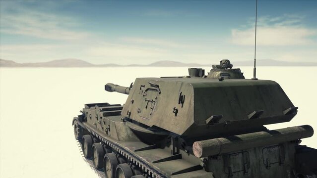 military tank in the white desert