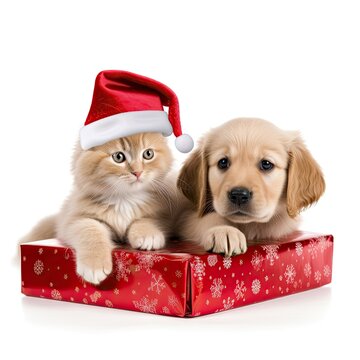 Cute pets with Christmas hats and red Xmas gift. Gnerative AI
