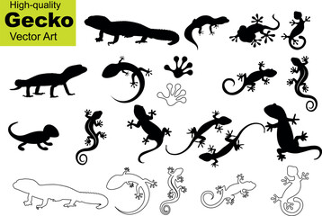 Gecko Vector Art Collection - A unique, high-quality set of 20 black and white gecko designs. The collection includes a variety of styles from realistic to cartoon-like, perfect for any design project