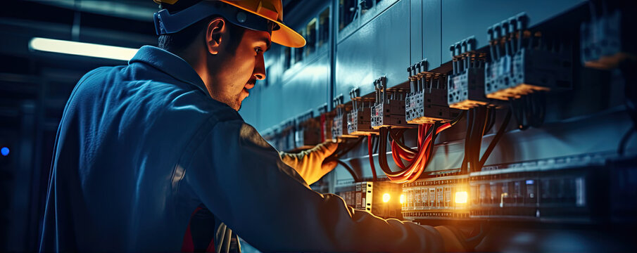 Electrician Installing Electrical Switch Box On Wall In Factory.