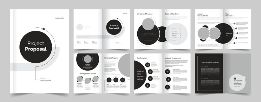 Project Proposal, Corporate brochure layout, Brochure template, Company profile, Annual report, 12 pages, flyers, leaflet - Powered by Adobe