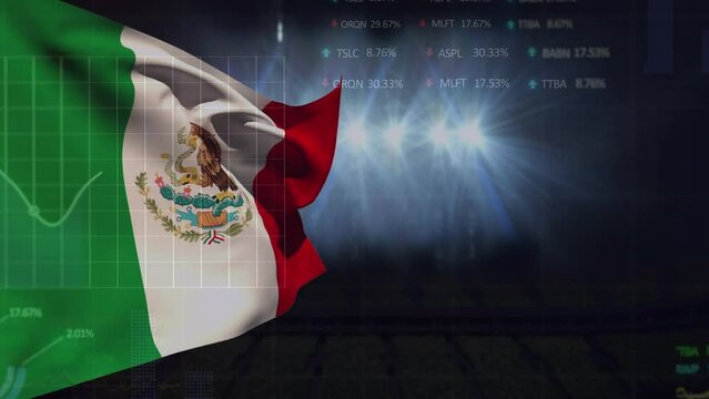 Animation of stock market data processing against waving mexico flag and light spots