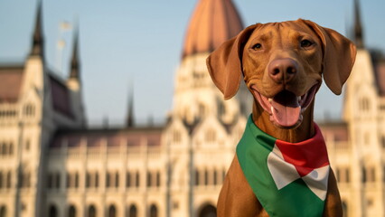 Happy hungarian vizsla dog wearing national flag of Hungary at background of the sights of Budapest